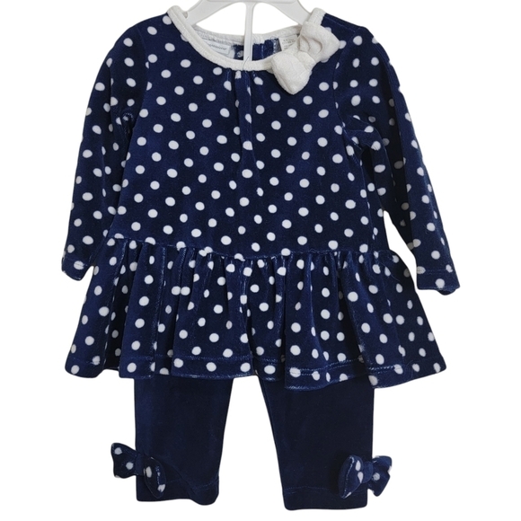 First Impressions Navy Blue White Polka Dot Velour Peplum Top & Bow Legging Set - Picture 1 of 4